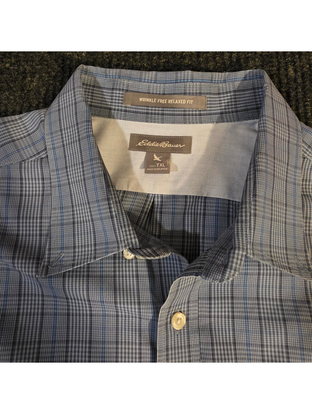 Eddie Bauer Men's Wrinkle Free Relaxed Fit Blue Plaid Dress Shirt TXL